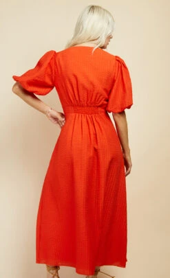 Little Mistress Orange Textured Puff Sleeve Midi Dress -Occasion Couture Shop D34018R1A 4