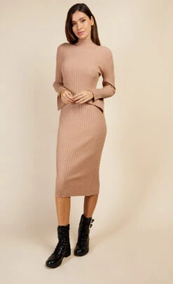 Little Mistress Camel Split Sleeve Rib Knit Midi Dress By Vogue Williams -Occasion Couture Shop D34168C4A 1