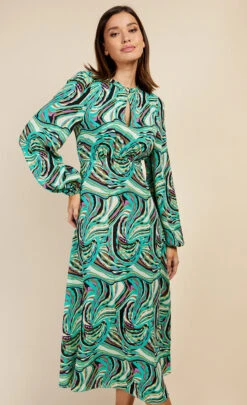 Little Mistress Green Retro Print Midaxi Smock Dress By Vogue Williams -Occasion Couture Shop D34176R1A 2