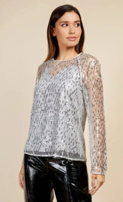 Little Mistress Silver Sequin Mesh Top By Vogue Williams -Occasion Couture Shop D34180Q1A 2