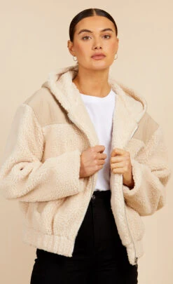 Little Mistress Cream Borg Hooded Jacket By Vogue Williams