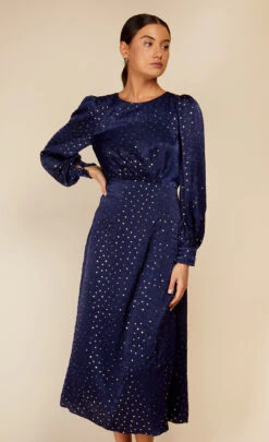Little Mistress Navy Spot Foil Print Midaxi Dress By Vogue Williams -Occasion Couture Shop D34258R1A 2