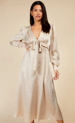 Little Mistress Oyster Gold Star Foil Print Midaxi Dress -Occasion Couture Shop D34301R1A 2