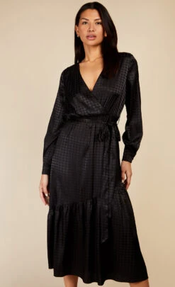 Little Mistress Black Satin Houndstooth Mock Wrap Midaxi Dress By Vogue Williams -Occasion Couture Shop D34309R1A 2