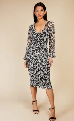 Little Mistress Monochrome Printed Mesh Midi Bodycon Dress