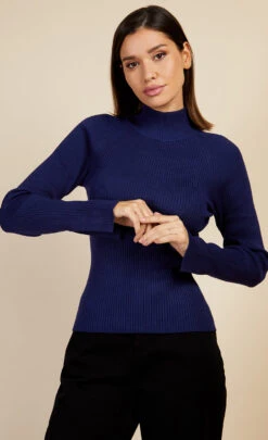 Little Mistress Navy Split Sleeve Rib Knit Top By Vogue Williams