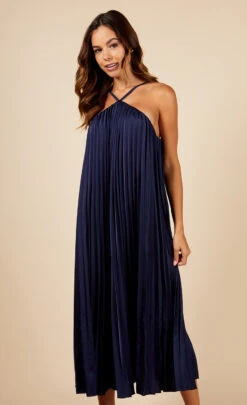 Little Mistress Navy Satin Pleated Midaxi Dress 9 Little Mistress Navy Satin Pleated Midaxi Dress -Occasion Couture Shop D34371R3A 2