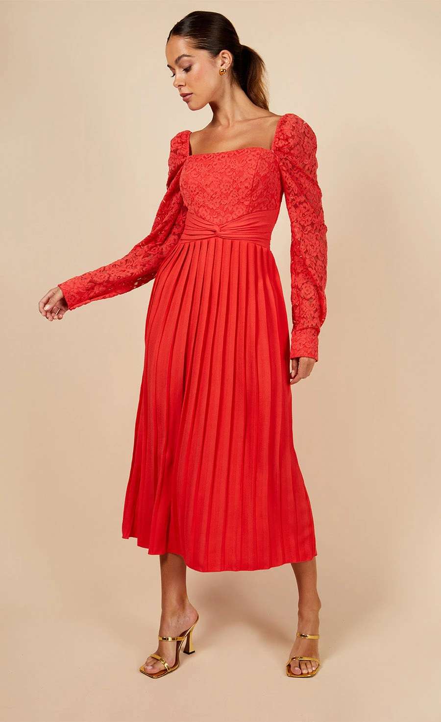 Little Mistress Coral Lace And Pleated Hem Midi Dress 3 Little Mistress Coral Lace And Pleated Hem Midi Dress