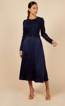Little Mistress Navy Lace And Satin Belted Midaxi Dress