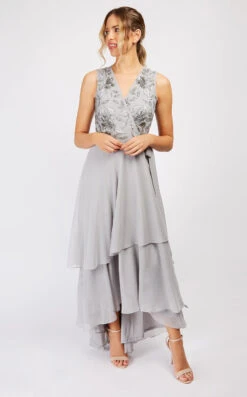 Little Mistress Sycamore Grey Embellished Frill Wrap Maxi Bridesmaid Dress