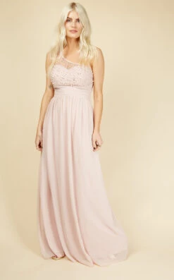 Little Mistress Luanna Blush Embellished One-Shoulder Maxi Dress