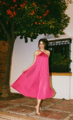 Little Mistress Pink Satin Pleated Midaxi Dress