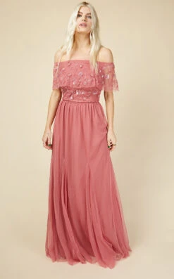 Little Mistress Nadine Rose Embellished Bardot Maxi Dress
