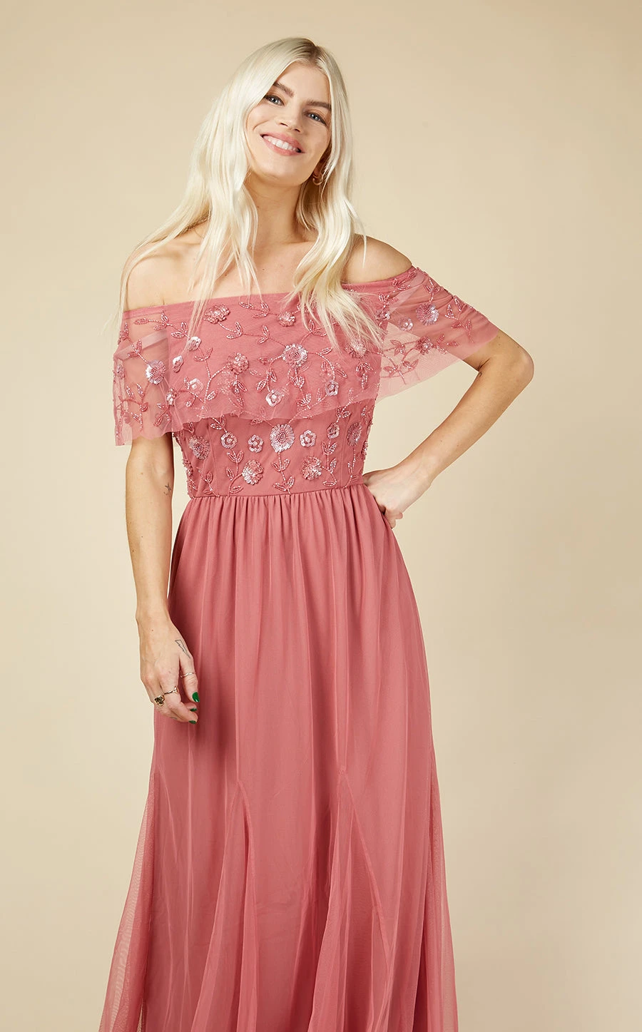 Little Mistress Nadine Rose Embellished Bardot Maxi Dress 5 Little Mistress Nadine Rose Embellished Bardot Maxi Dress - Image 3