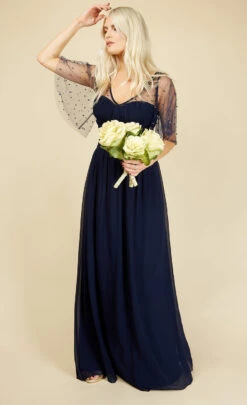 Little Mistress Melissa Bridesmaid Navy Angel Sleeve Maxi Dress