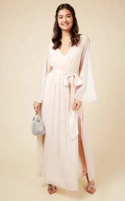 Little Mistress Nude Plunge Tie Waist Maxi Dress