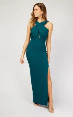 Little Mistress Green Crossover Bodice Maxi Dress