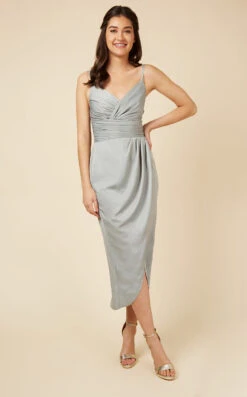 Little Mistress Satin Mock Wrap Sage Midi Dress