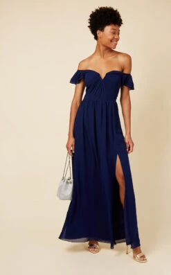Little Mistress Navy Bardot Draped Sleeve Maxi Dress