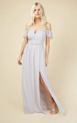 Little Mistress Russo Ice Grey Bardot Draped Sleeve Maxi Dress