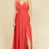 Little Mistress Alexa Coral Plunge Neckline Maxi Dress