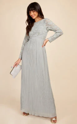 Little Mistress Selina Sage Lace Pleated Maxi Dress