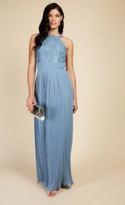 Little Mistress Steel Blue Lace And Pleated Hem Maxi Dress