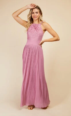 Little Mistress Rose Quartz Lace And Pleated Hem Maxi Dress