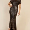 Little Mistress Black And Gold Sequin Fishtail Maxi Dress