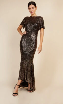 Little Mistress Black And Gold Sequin Fishtail Maxi Dress