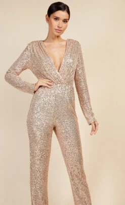 Little Mistress Taupe Sequin Mock Wrap Jumpsuit -Occasion Couture Shop U3429461A 2